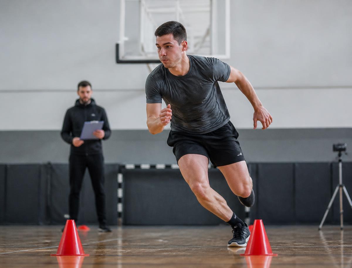 Bewerber absolviert einen Pendellauf beim Sporttest in der Sporthalle